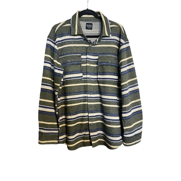 Men's Large Caliville Long Sleeve Button Up Green Stripe Flannel Shirt - Picture 1 of 7